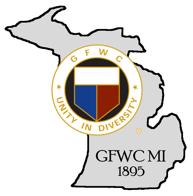 General Federation of Womens Clubs Michigan Chapter logo Showing state of Michigan with red blue and white colored shield also the date of 1895