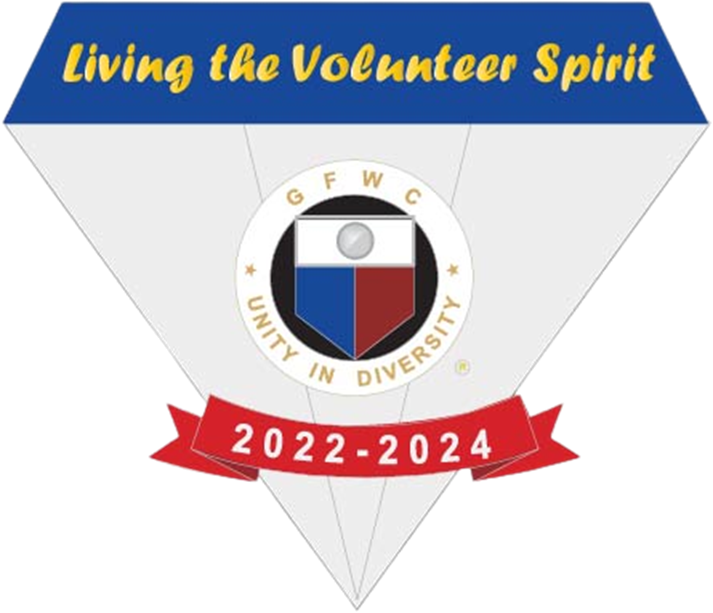 GFWC Volunteer Logo for 2022-2024 in shape of diamond saying living the Volunteer Spirit